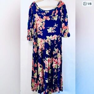 Vtg. 90s Alexander Brown midi Cottagecore Garden Girl Floral Ruffle dress.Size L